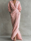 Women's Wrap Maxi V Neck Dress Ruched 3/4 Sleeve - Pink
